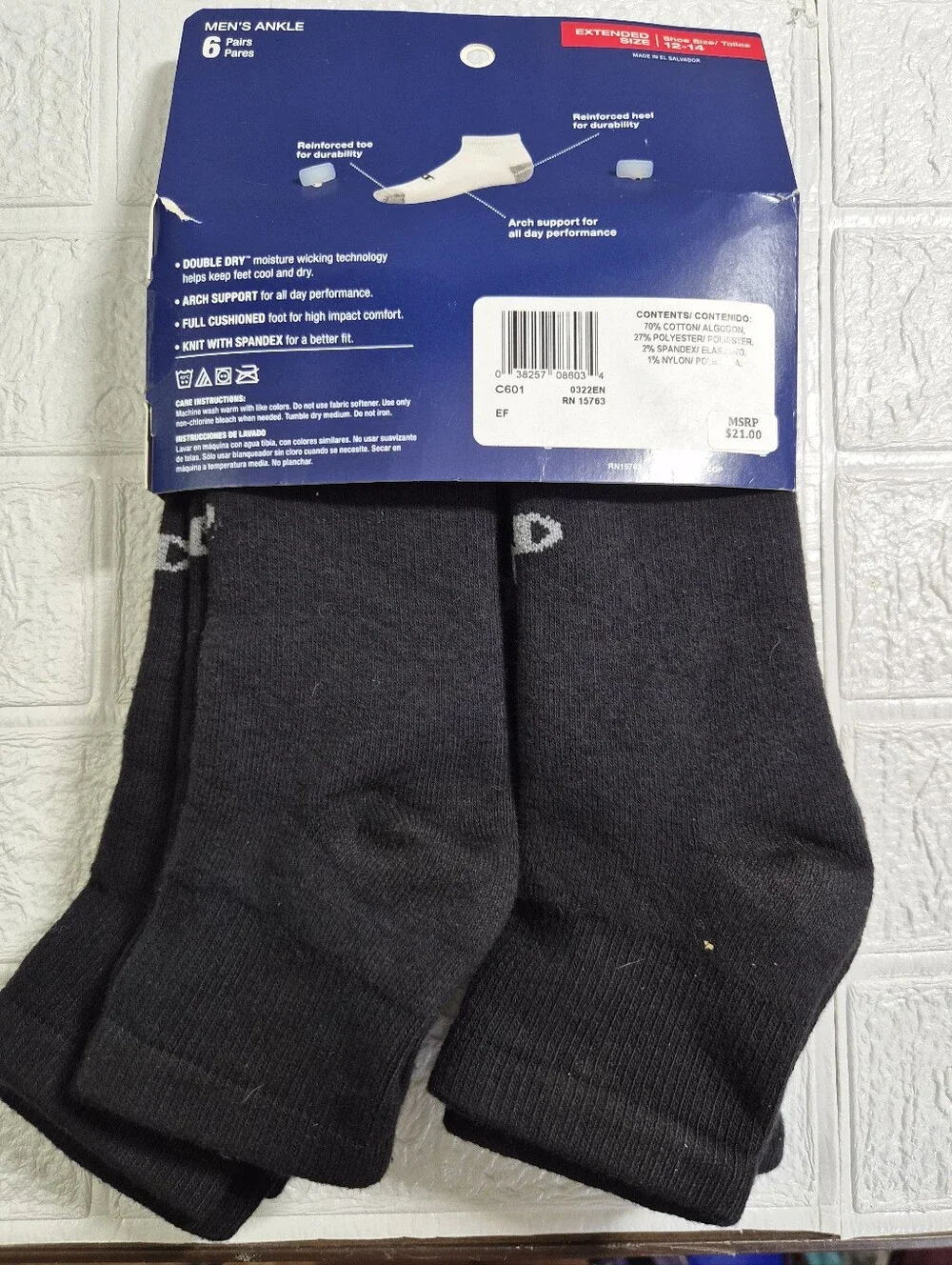 Champion Men's Ankle Socks moisture-wicking Double Dry technology Size 12-14